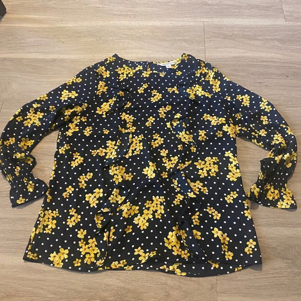 Counterparts blue/yellow floral polka dot ruffled long sleeve blouse size medium